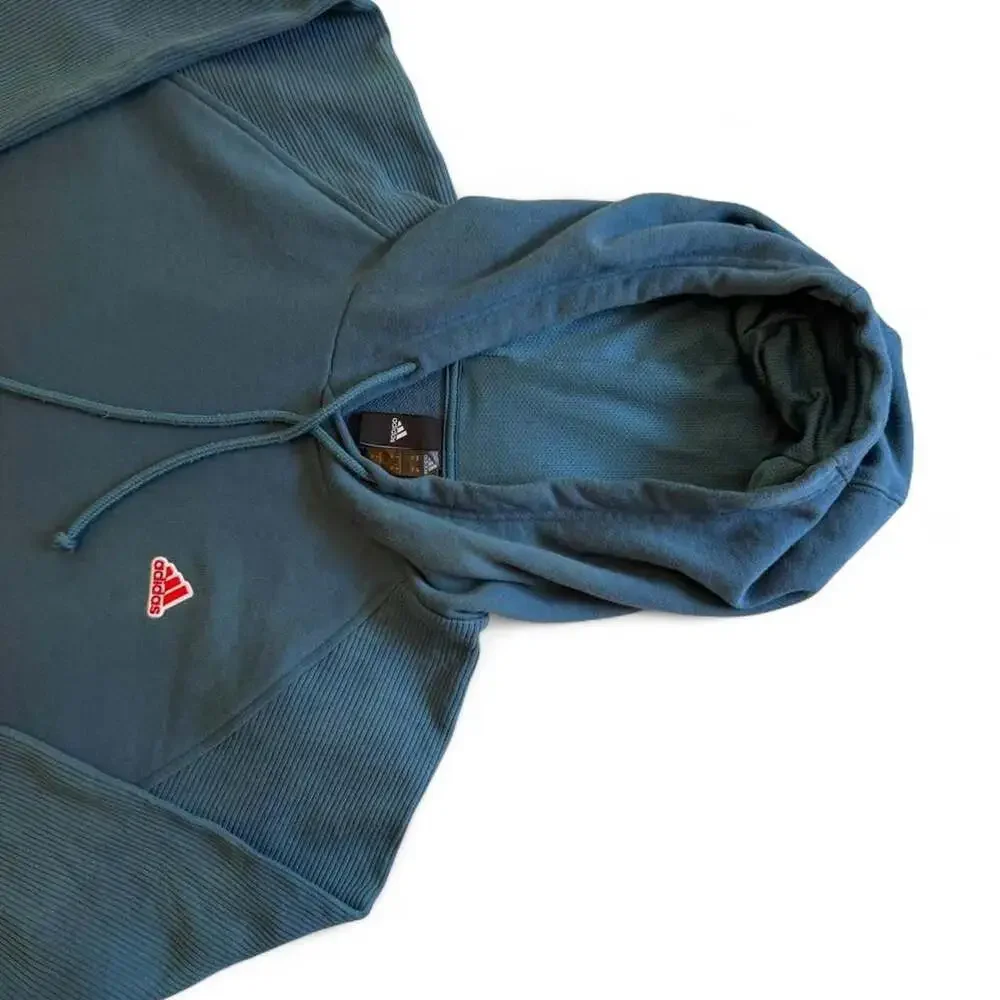 Adidas Ribbed Shoulder Pullover Hoodie Blue Size XL